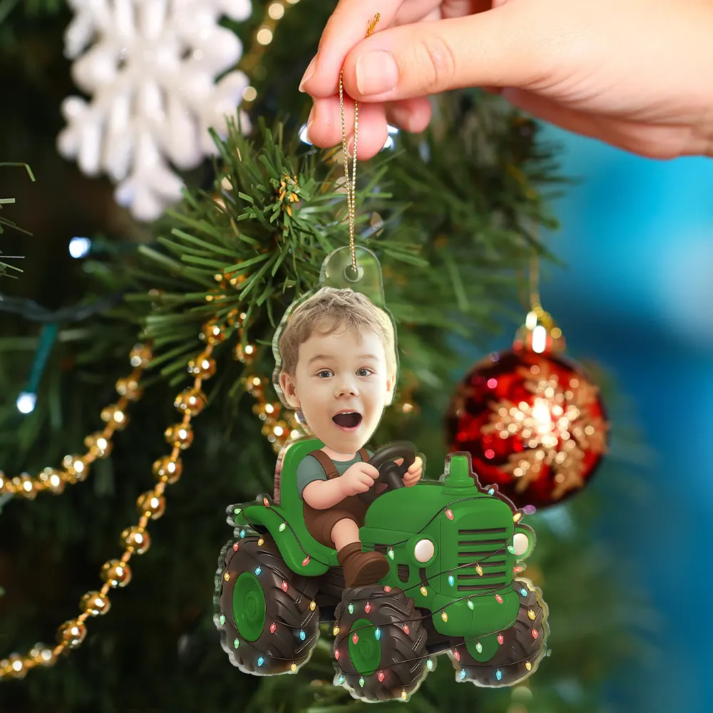 Custom Photo Christmas Kid Driving Tractor - Personalized Acrylic Photo Ornament - Image 4