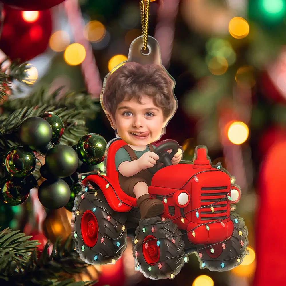 Custom Photo Christmas Kid Driving Tractor - Personalized Acrylic Photo Ornament - Image 5