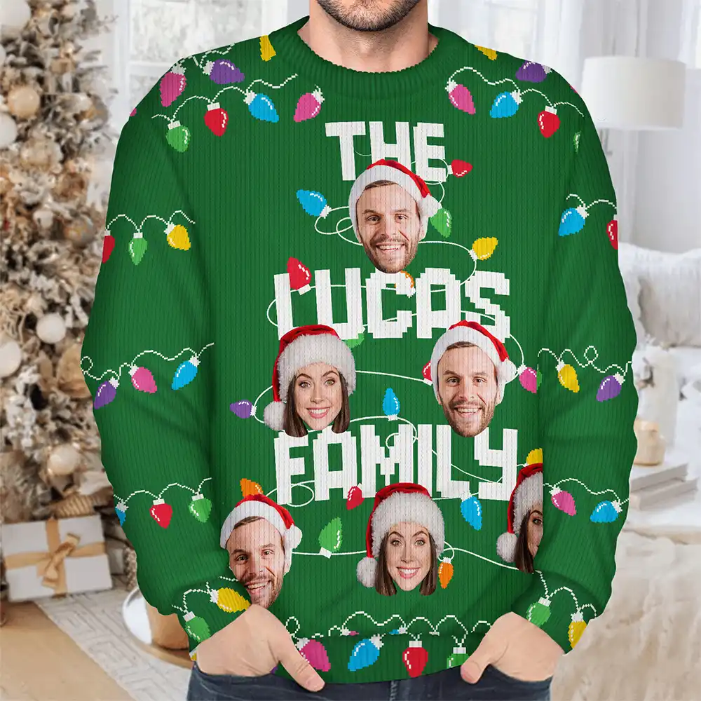 Custom Photo Christmas Light Family Name - Personalized Unisex Ugly Sweater - Image 5