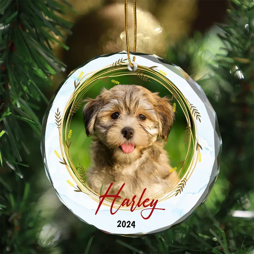Custom Photo Christmas Pet Memorial Pet First Christmas - Personalized Circle Glass Ornament - Image 3
