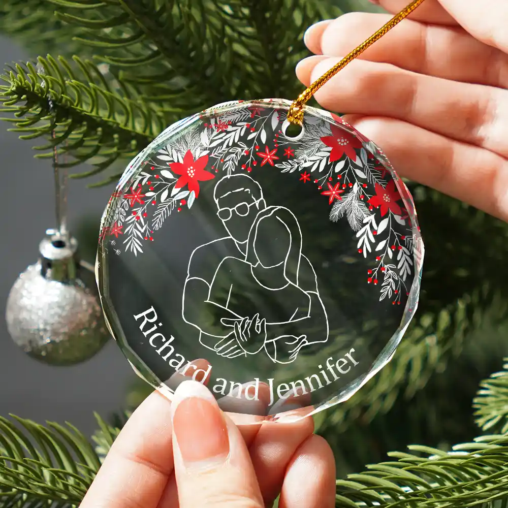 Custom Photo Christmas Portrait One Line - Personalized Circle Glass Ornament - Image 3