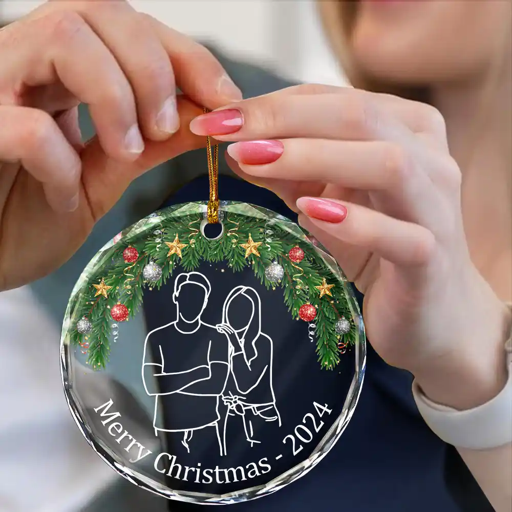 Custom Photo Christmas Portrait One Line - Personalized Circle Glass Ornament - Image 5
