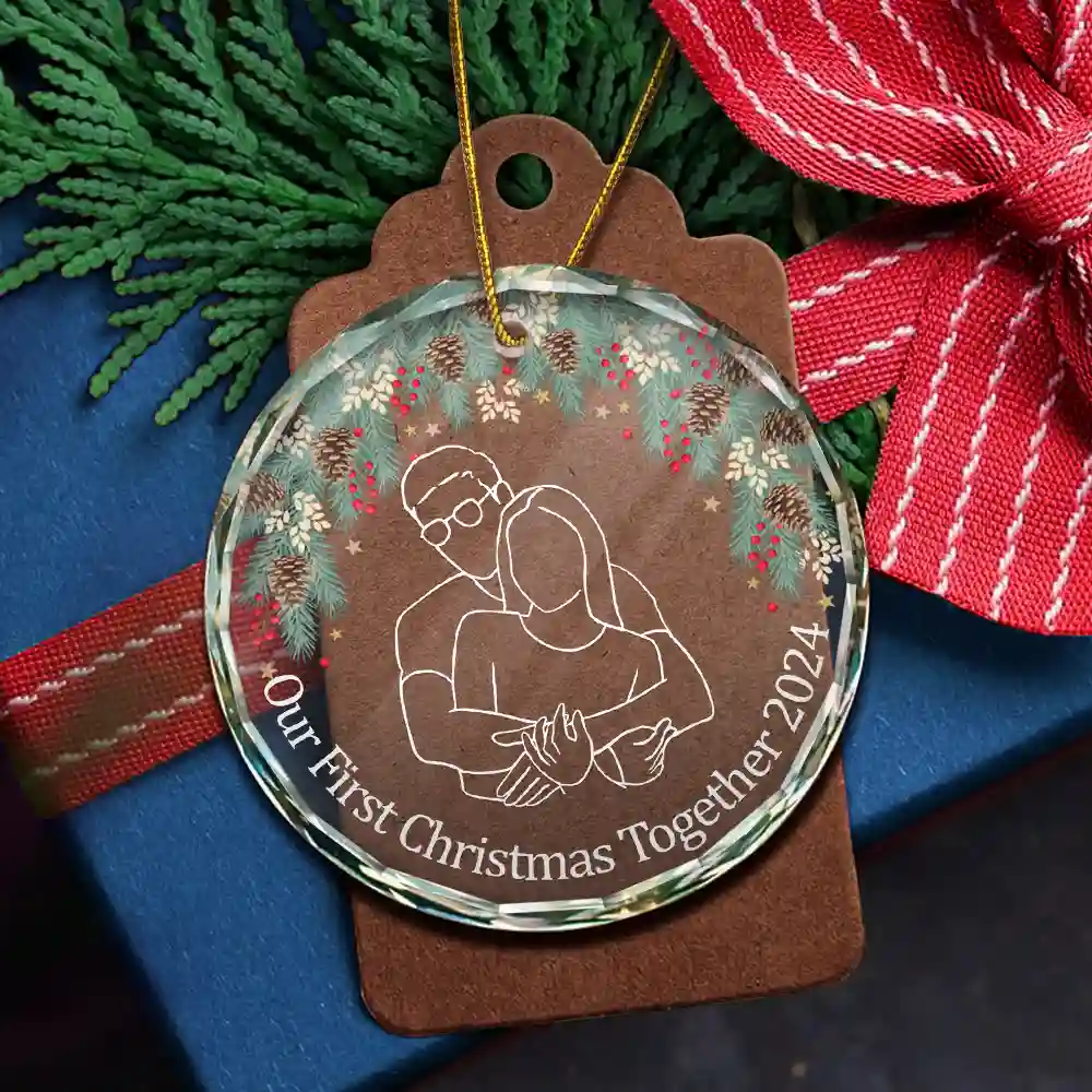 Custom Photo Christmas Portrait One Line - Personalized Circle Glass Ornament - Image 6