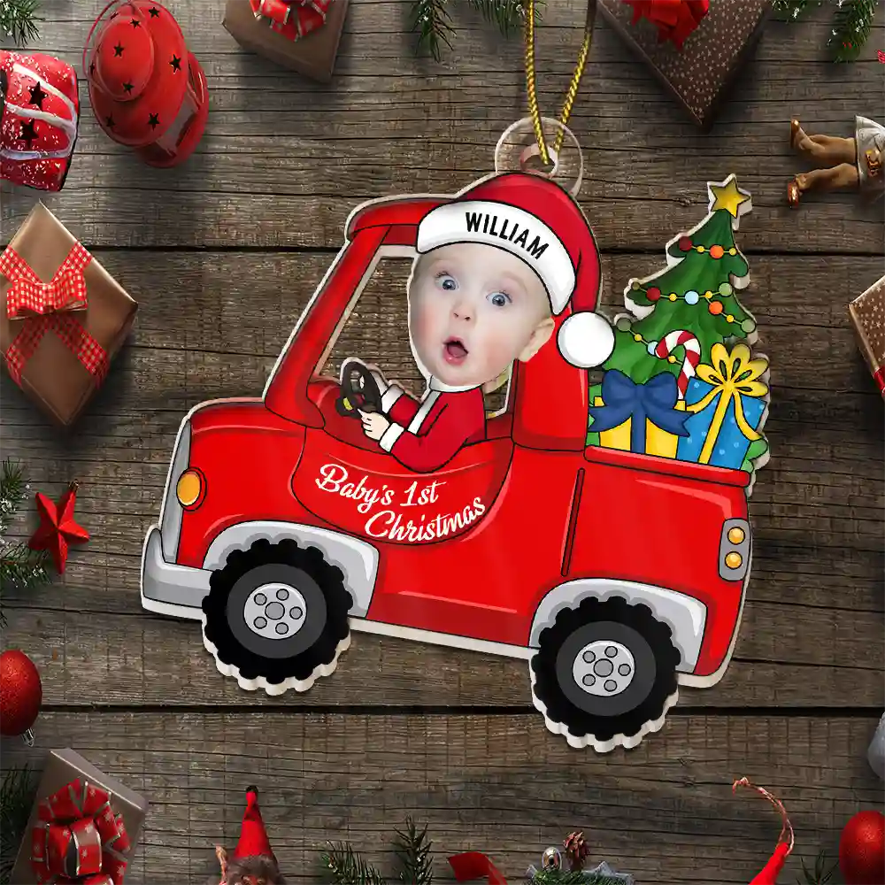 Custom Photo Christmas Red Truck Baby - Personalized Cutout Acrylic Ornament - Image 7
