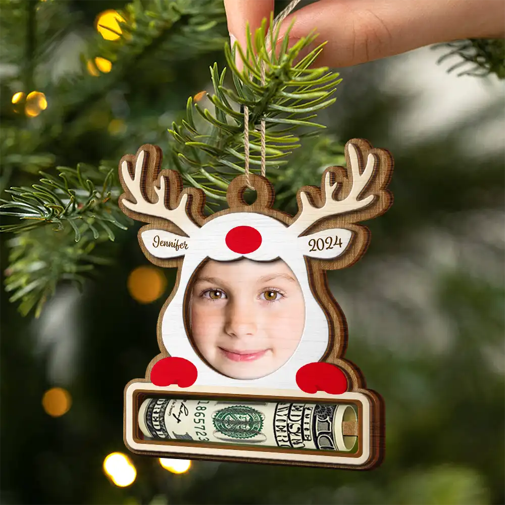 Custom Photo Christmas Reindeer - Personalized 2-Layered Wooden Ornament, Money Holder Ornament - Image 3