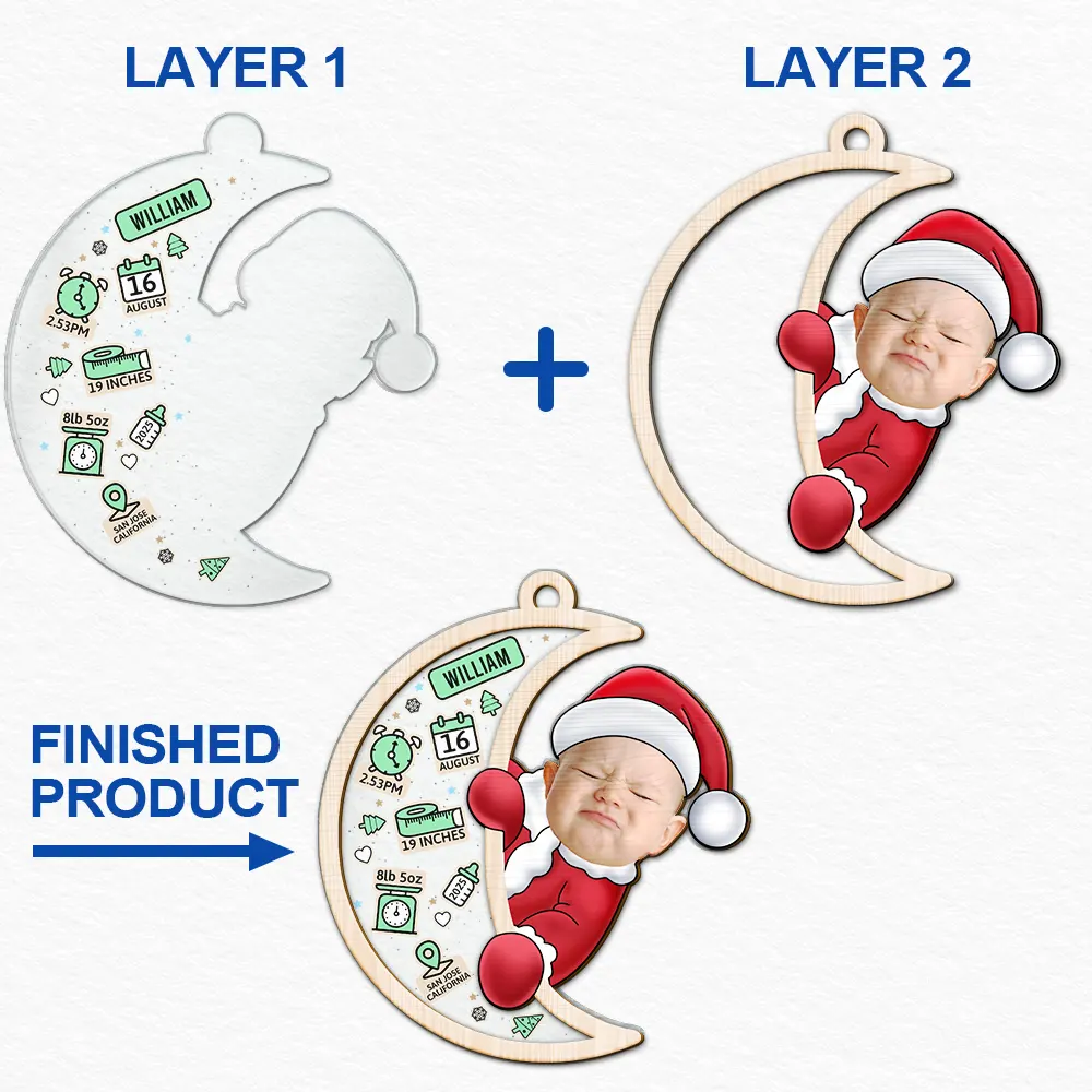 Custom Photo Christmas Santa Baby Birth Stats - Personalized 2-Layered Mix Ornament - Image 7