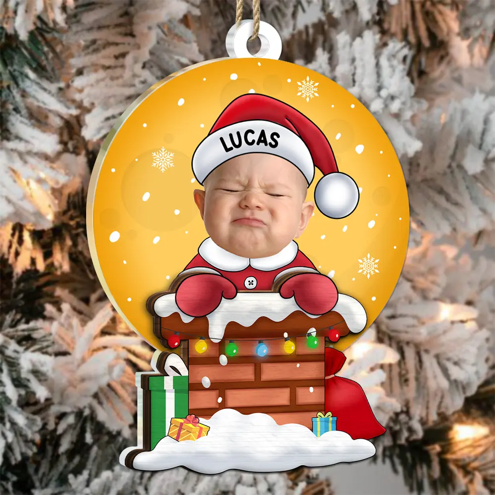 Custom Photo Christmas Santa Baby Down The Chimney - Personalized 2-Layered Mix Ornament - Image 4