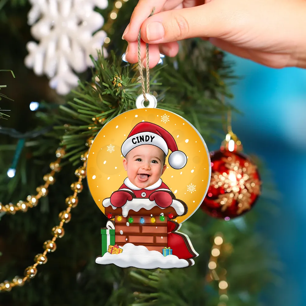 Custom Photo Christmas Santa Baby Down The Chimney - Personalized 2-Layered Mix Ornament - Image 5