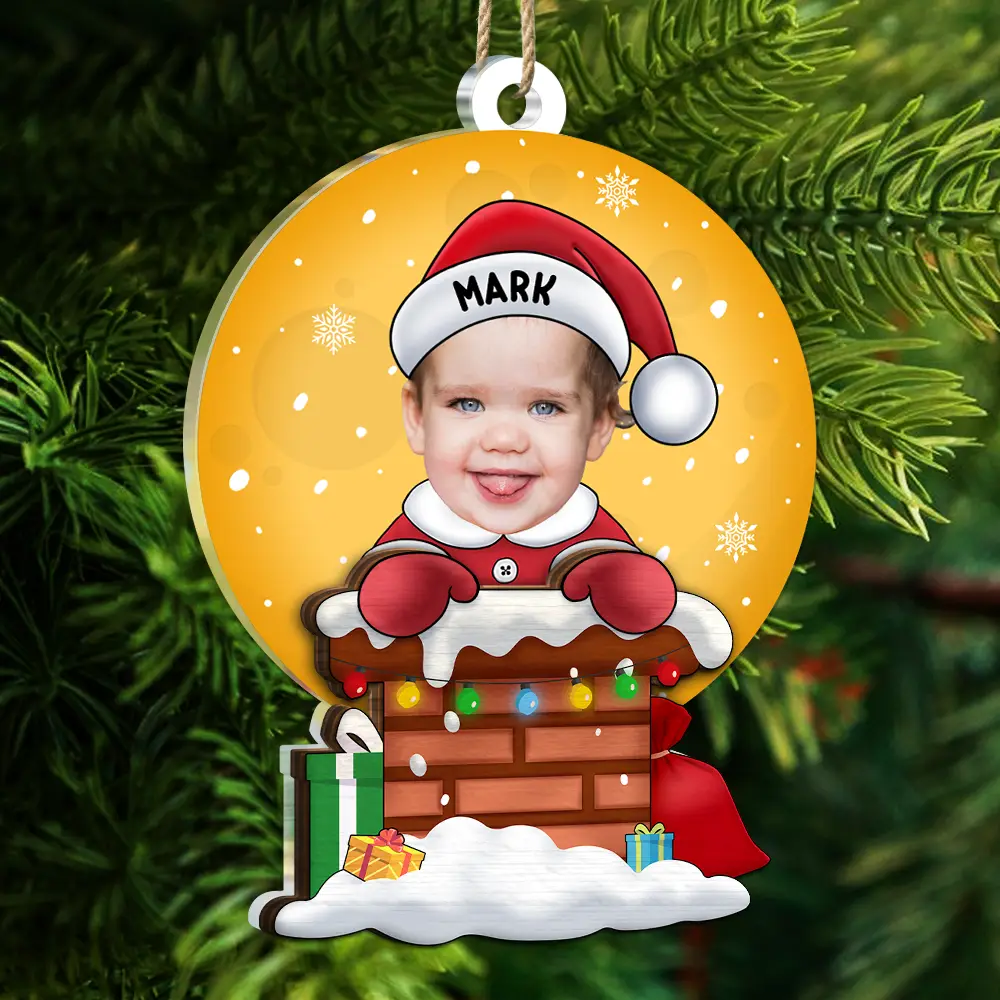Custom Photo Christmas Santa Baby Down The Chimney - Personalized 2-Layered Mix Ornament - Image 6