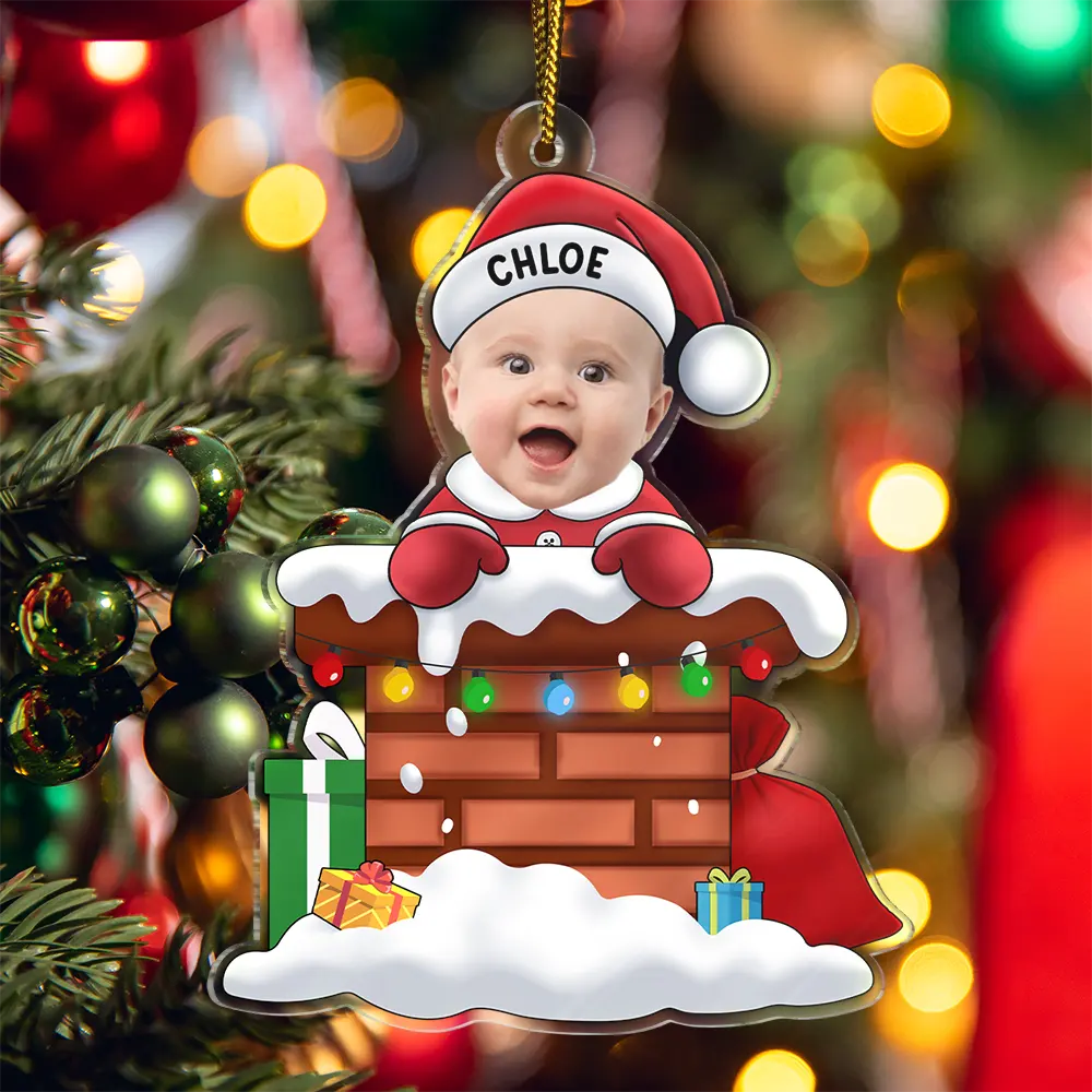 Custom Photo Christmas Santa Baby Down The Chimney - Personalized Cutout Acrylic Ornament - Image 6