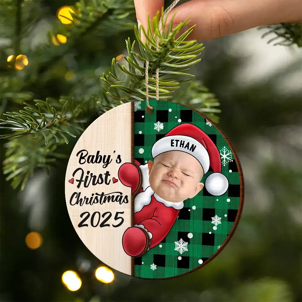 Custom Photo Christmas Santa Baby - Personalized 2-Layered Wooden Ornament - Image 3