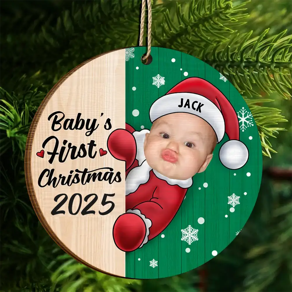 Custom Photo Christmas Santa Baby - Personalized 2-Layered Wooden Ornament - Image 5