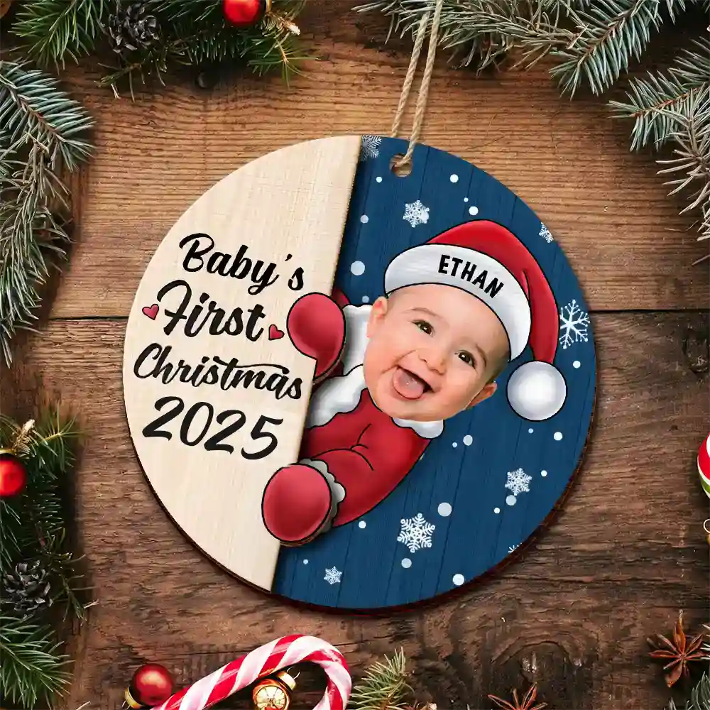 Custom Photo Christmas Santa Baby - Personalized 2-Layered Wooden Ornament - Image 6