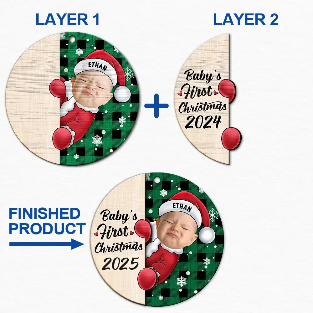 Custom Photo Christmas Santa Baby - Personalized 2-Layered Wooden Ornament - Image 7