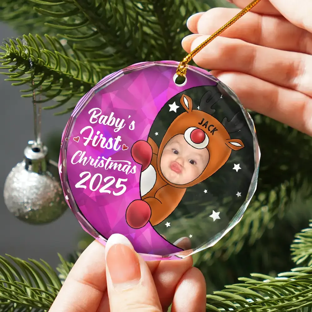 Custom Photo Christmas Santa Baby - Personalized Circle Glass Ornament - Image 3