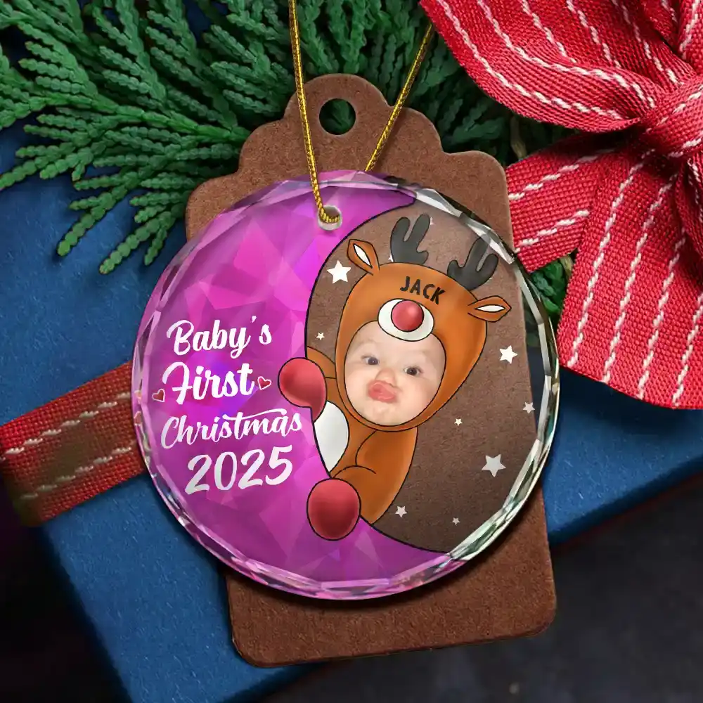 Custom Photo Christmas Santa Baby - Personalized Circle Glass Ornament - Image 6