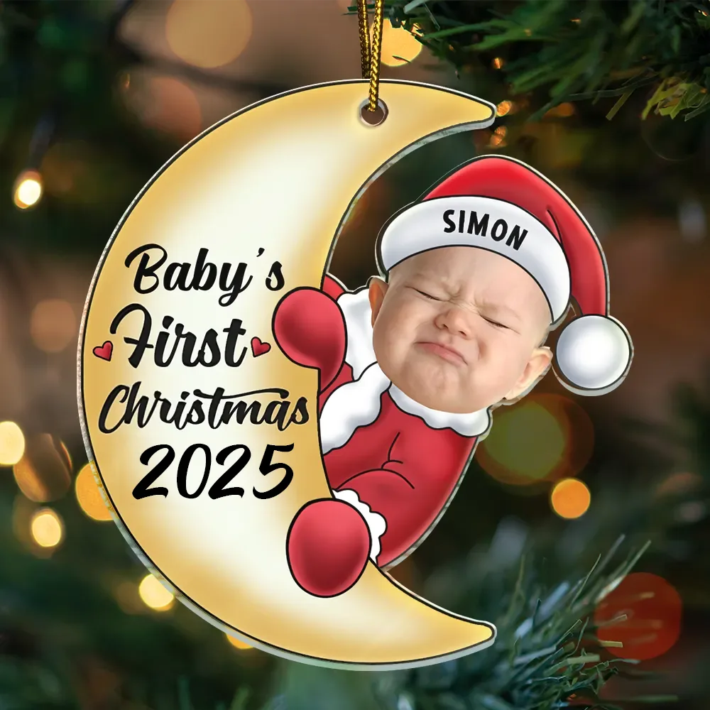 Custom Photo Christmas Santa Baby On The Moon - Personalized Cutout Acrylic Ornament - Image 4