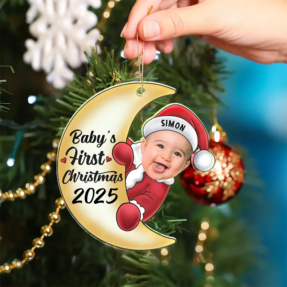 Custom Photo Christmas Santa Baby On The Moon - Personalized Cutout Acrylic Ornament - Image 5