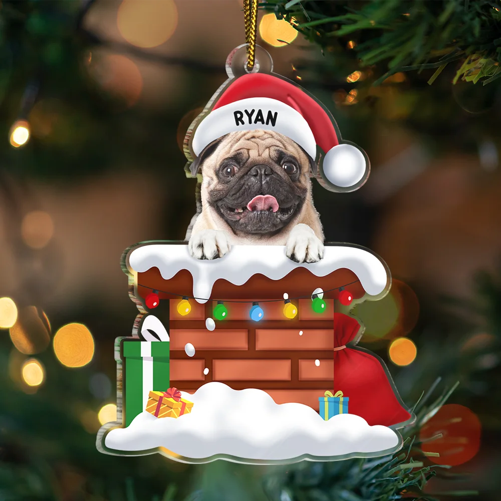 Custom Photo Christmas Santa Dog Down The Chimney - Personalized Cutout Acrylic Ornament - Image 4