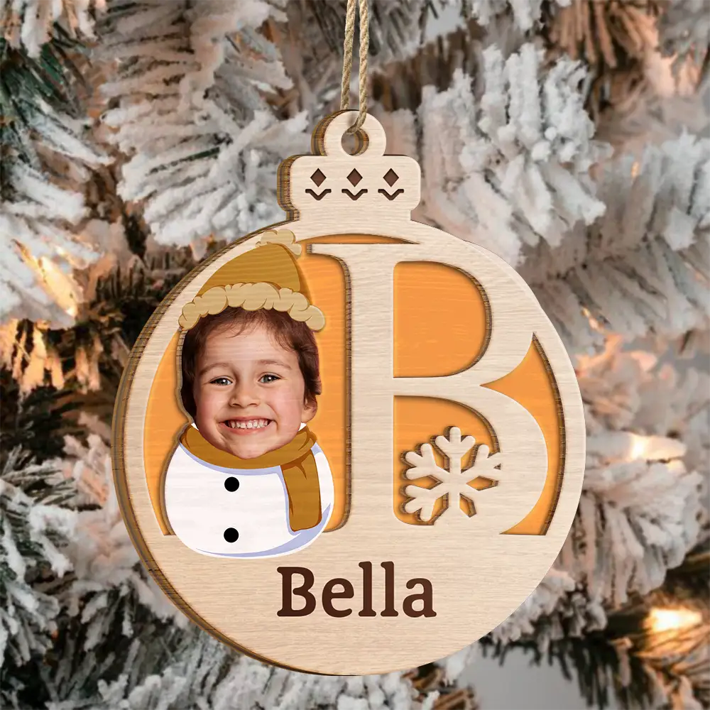 Custom Photo Christmas Snowman Monogram - Personalized 2-Layered Wooden Ornament - Image 4