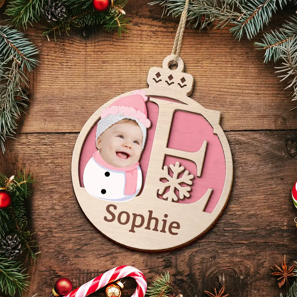 Custom Photo Christmas Snowman Monogram - Personalized 2-Layered Wooden Ornament - Image 6