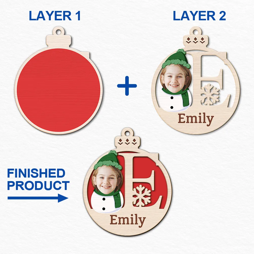Custom Photo Christmas Snowman Monogram - Personalized 2-Layered Wooden Ornament - Image 7