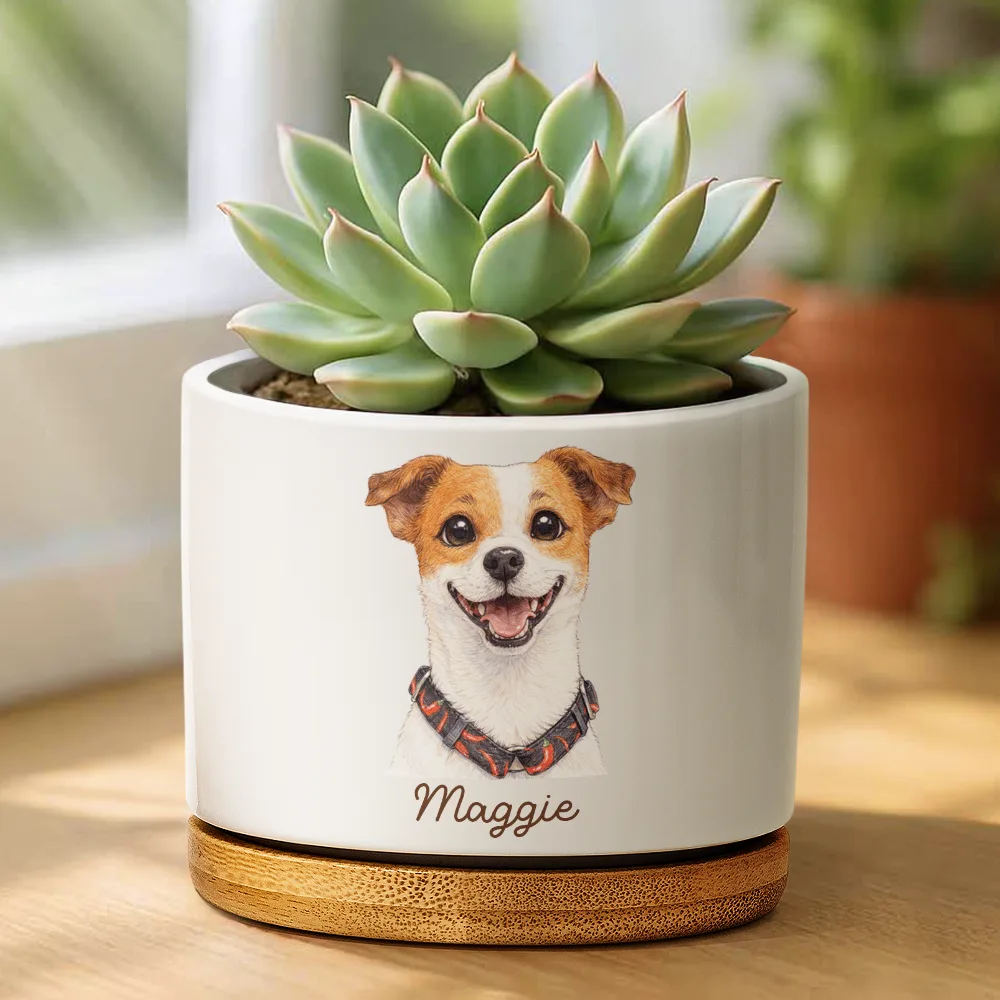 Custom Photo Colored Pencil Sketch Funny Dog Cat Pet - Personalized Ceramic Plant Pot - Image 3
