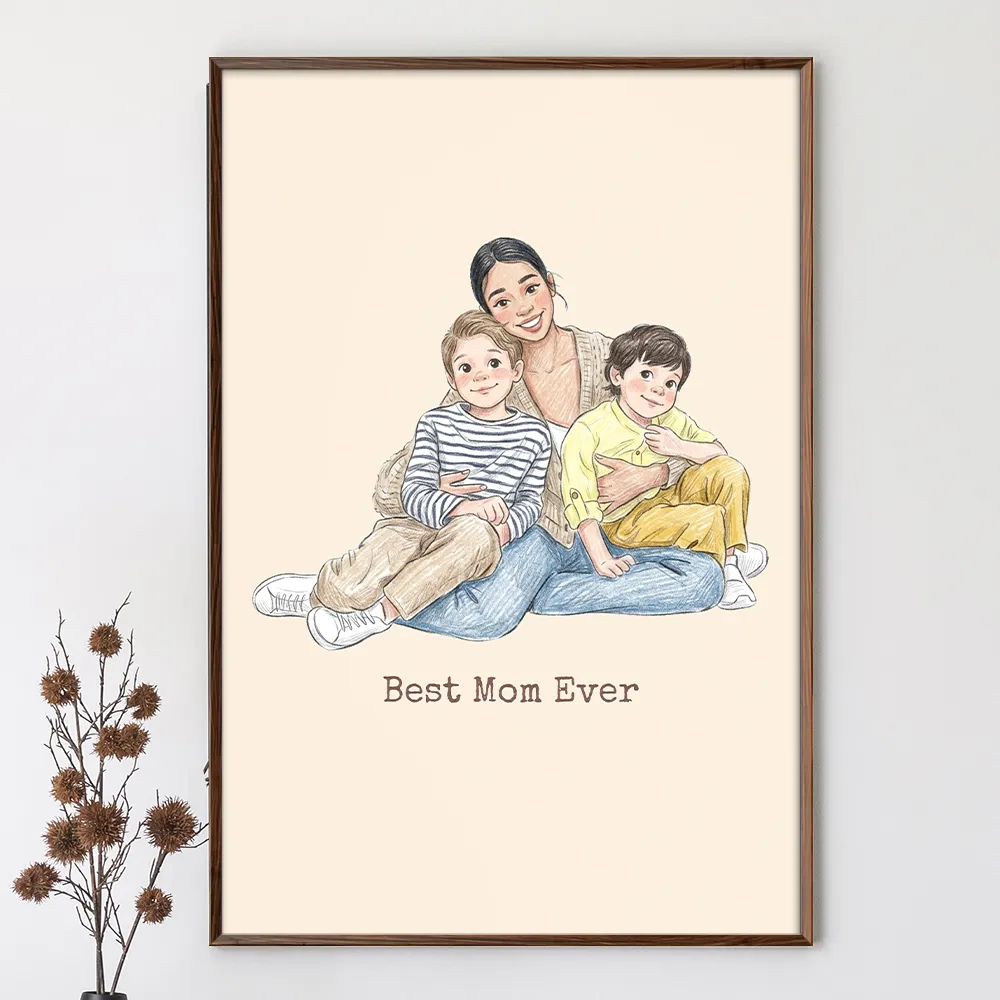 Custom Photo Colored Pencil Sketch Happy Family Dad Mom Kid Pet - Personalized Poster - Image 4
