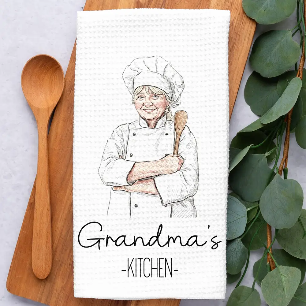 Custom Photo Colored Pencil Sketch Mom Grandma Kitchen - Personalized Kitchen Towel - Image 3