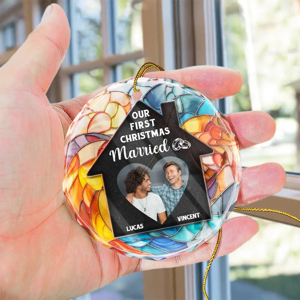 Custom Photo Couple Our First Christmas In Our New Home - Stained Effect Printed, Personalized Circle Glass Ornament - Image 4