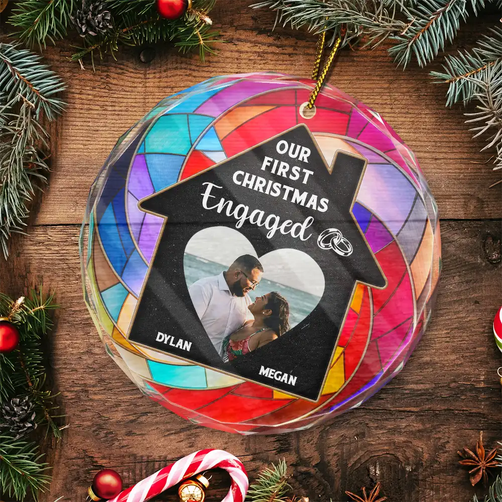 Custom Photo Couple Our First Christmas In Our New Home - Stained Effect Printed, Personalized Circle Glass Ornament - Image 5