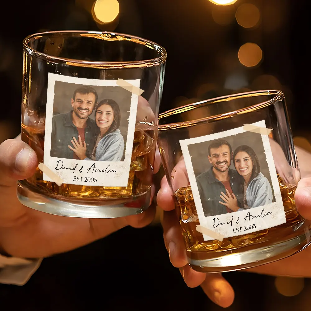 Custom Photo Couple Vintage Polaroid - Personalized Whiskey Glass - Image 3