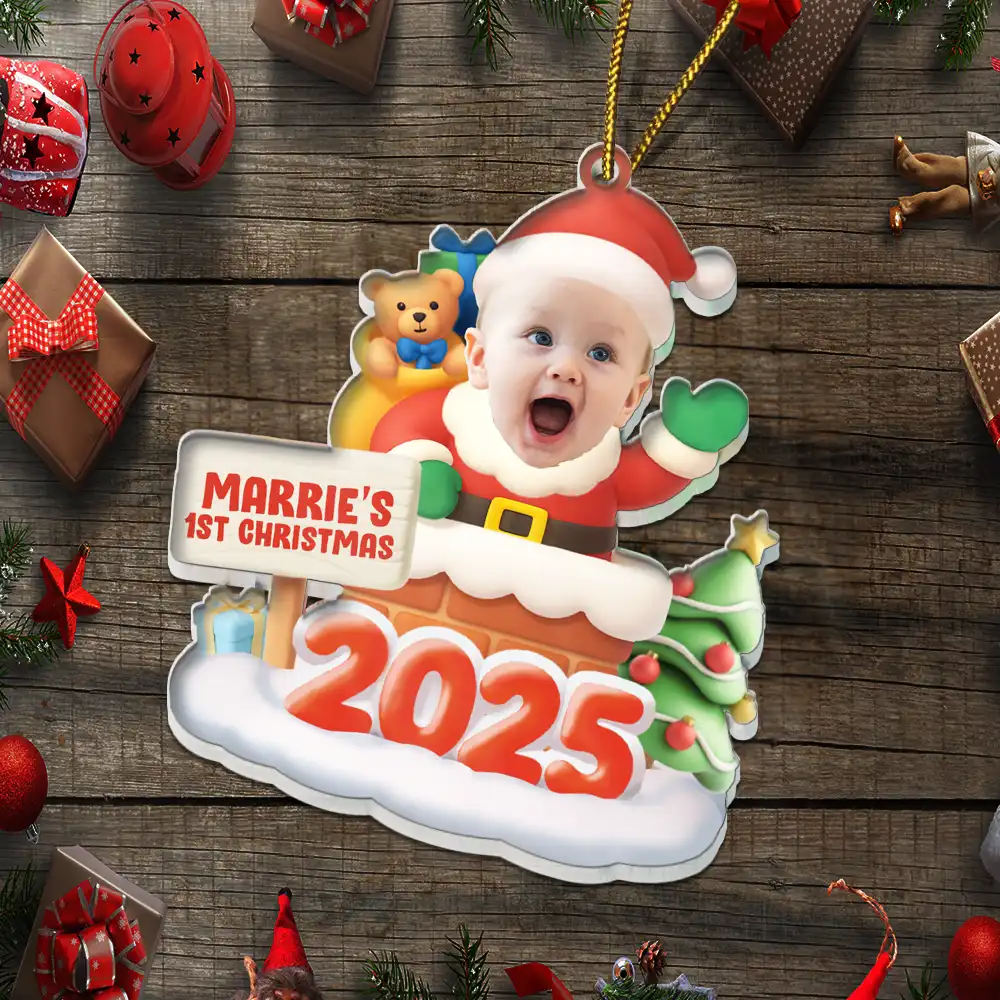 Custom Photo Cute Baby Santa In The Chimney - Personalized Custom Shaped Acrylic Ornament - Image 6