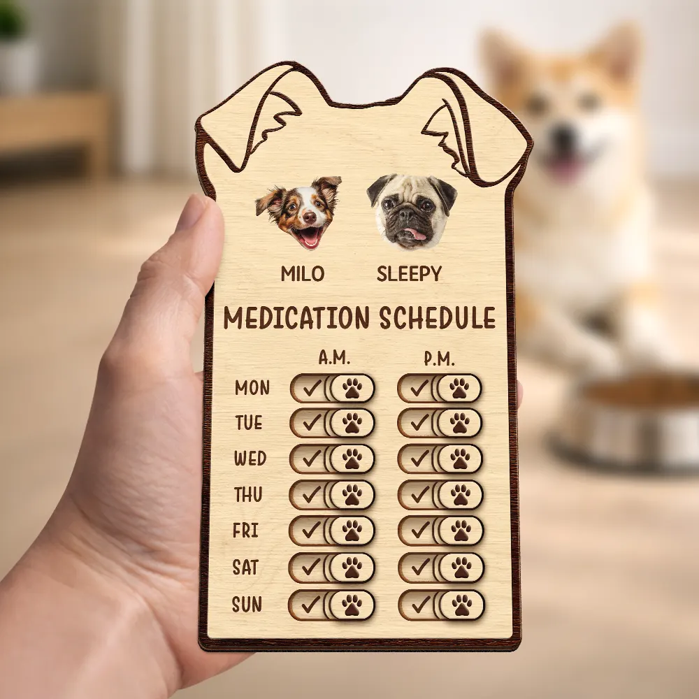 Custom Photo Cute Dog Ear Feed Medication Tracker - Personalized Wooden Pet Feeding Reminder - Image 3