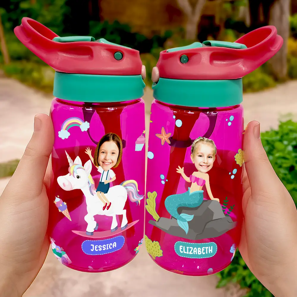Custom Photo Cute & Funny Car Mermaid Unicorn Dinosaur Astronaut - Personalized Kids Water Bottle With Straw - Image 4
