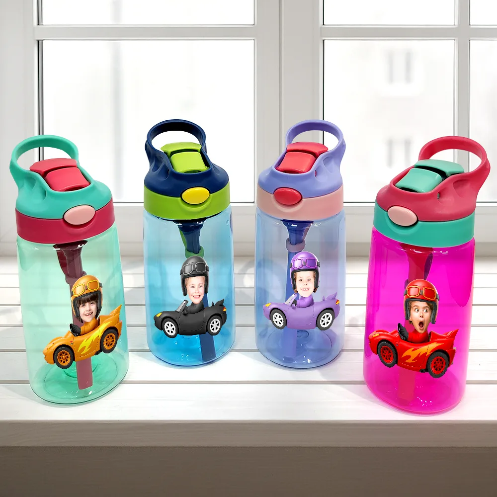 Custom Photo Cute Kid Car Toy Airplane - Personalized Kids Water Bottle With Straw - Image 3