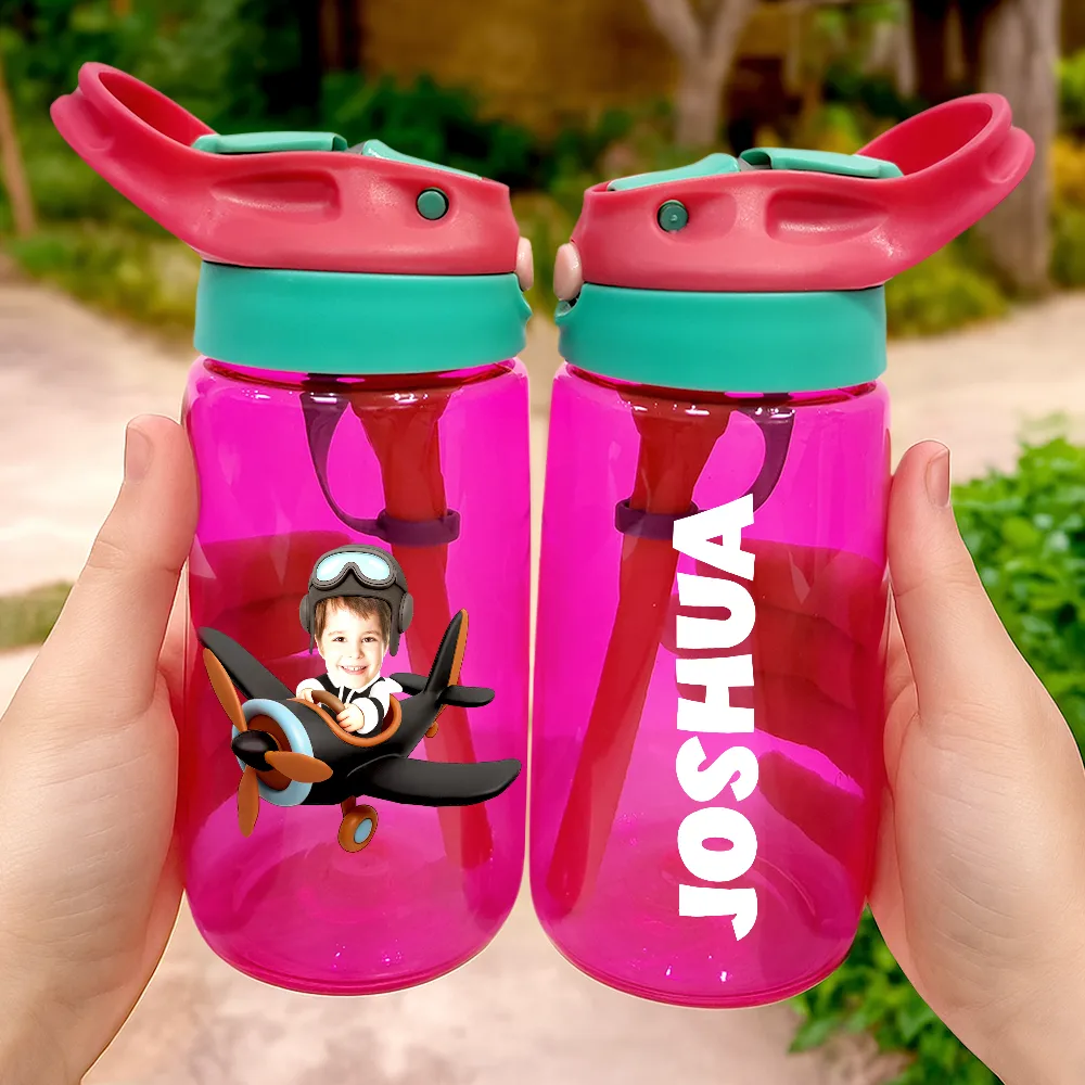 Custom Photo Cute Kid Car Toy Airplane - Personalized Kids Water Bottle With Straw - Image 4