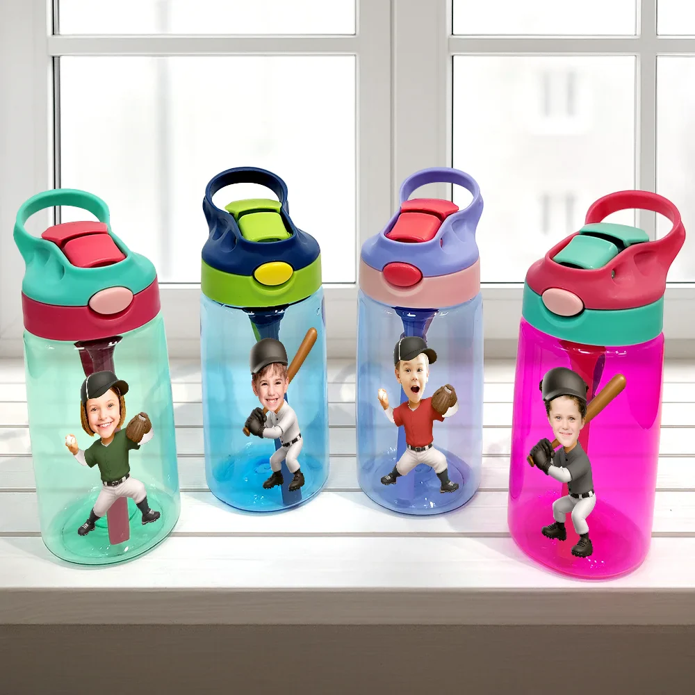 Custom Photo Cute Kid Sport Playing Football Soccer Baseball Softball - Personalized Kids Water Bottle With Straw - Image 3