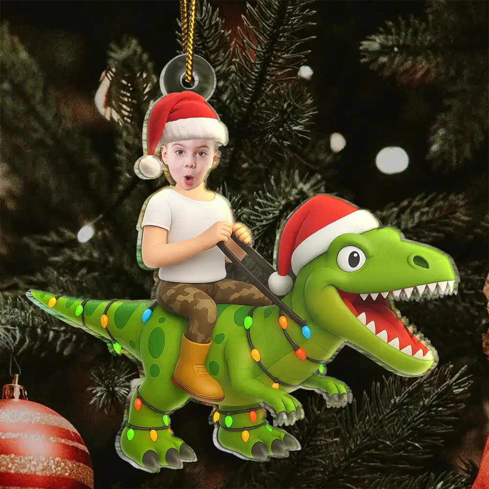 Custom Photo Cute Kid Xmas Dinosaur - Personalized Acrylic Photo Ornament - Image 4