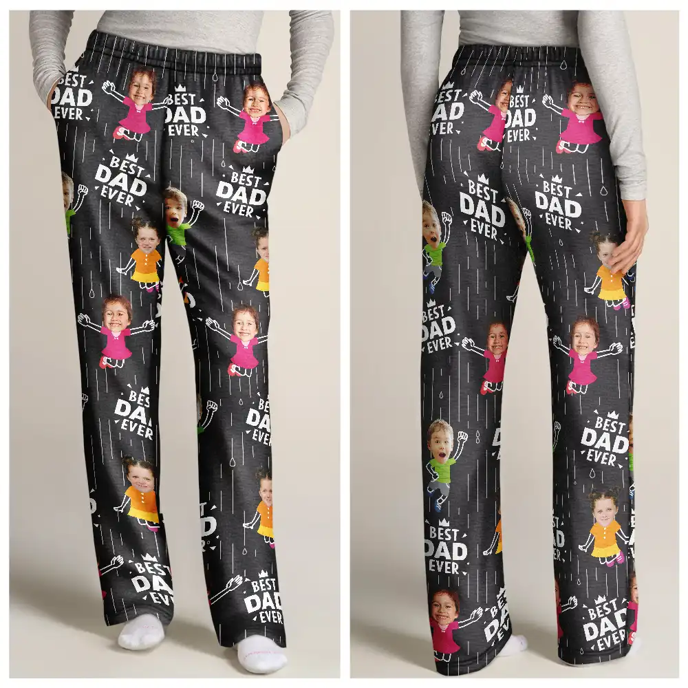 Custom Photo Cute Kids Best Dad Grandpa Ever Rain Pattern - Personalized Pajama Pants - Image 4