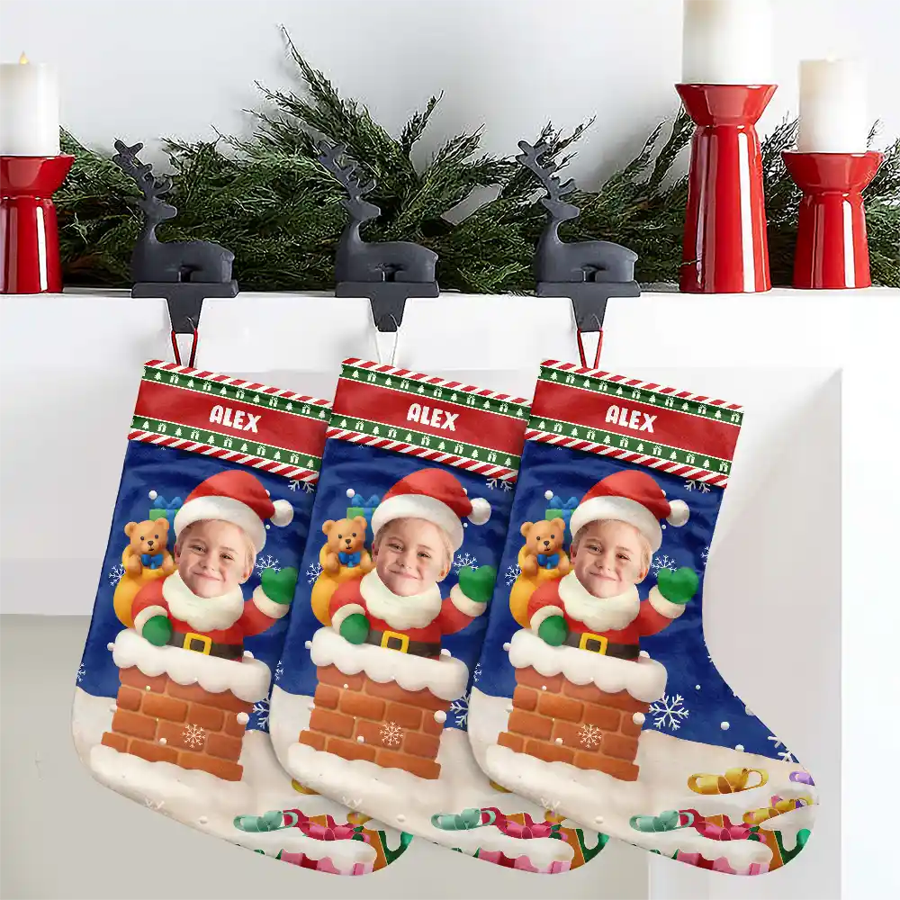 Custom Photo Cute Santa In Chimney - Personalized Christmas Stocking - Image 5