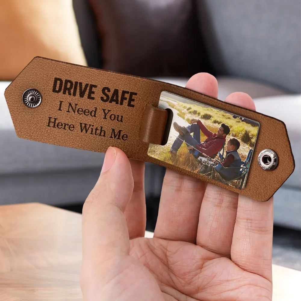 Custom Photo Dad Drive Safe With Kids Names - Personalized Leather Photo Keychain - Image 3