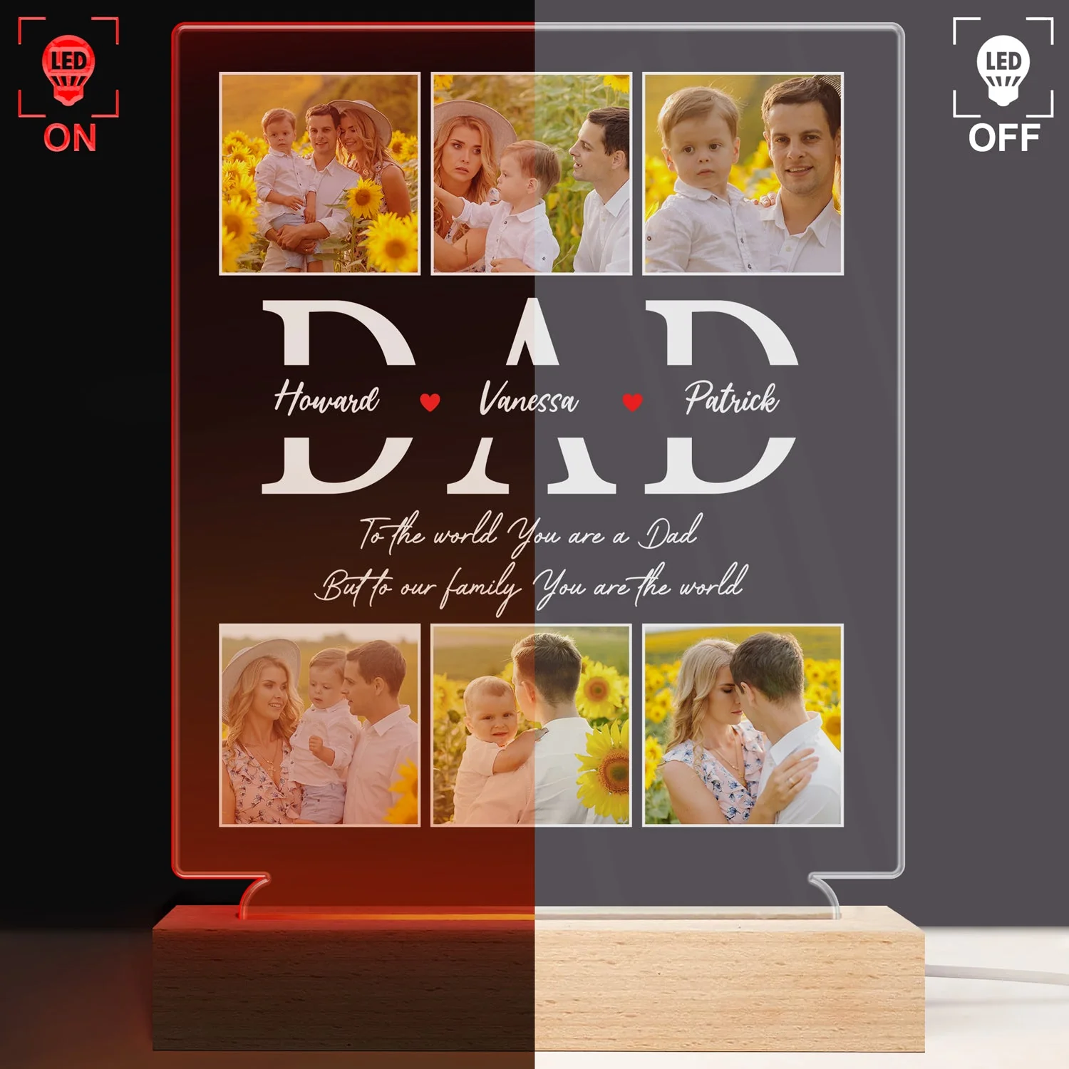 Custom Photo Dad To Our Family You Are The World - Gift For Father - Personalized 3D Led Light Wooden Base - Image 3