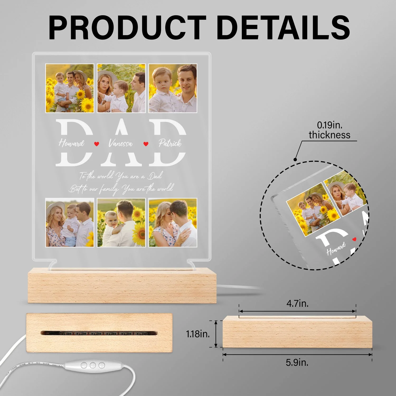 Custom Photo Dad To Our Family You Are The World - Gift For Father - Personalized 3D Led Light Wooden Base - Image 5