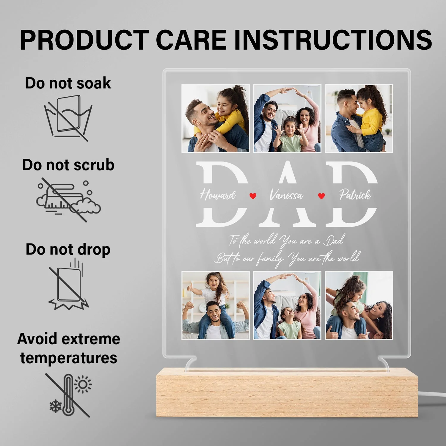 Custom Photo Dad To Our Family You Are The World - Gift For Father - Personalized 3D Led Light Wooden Base - Image 6