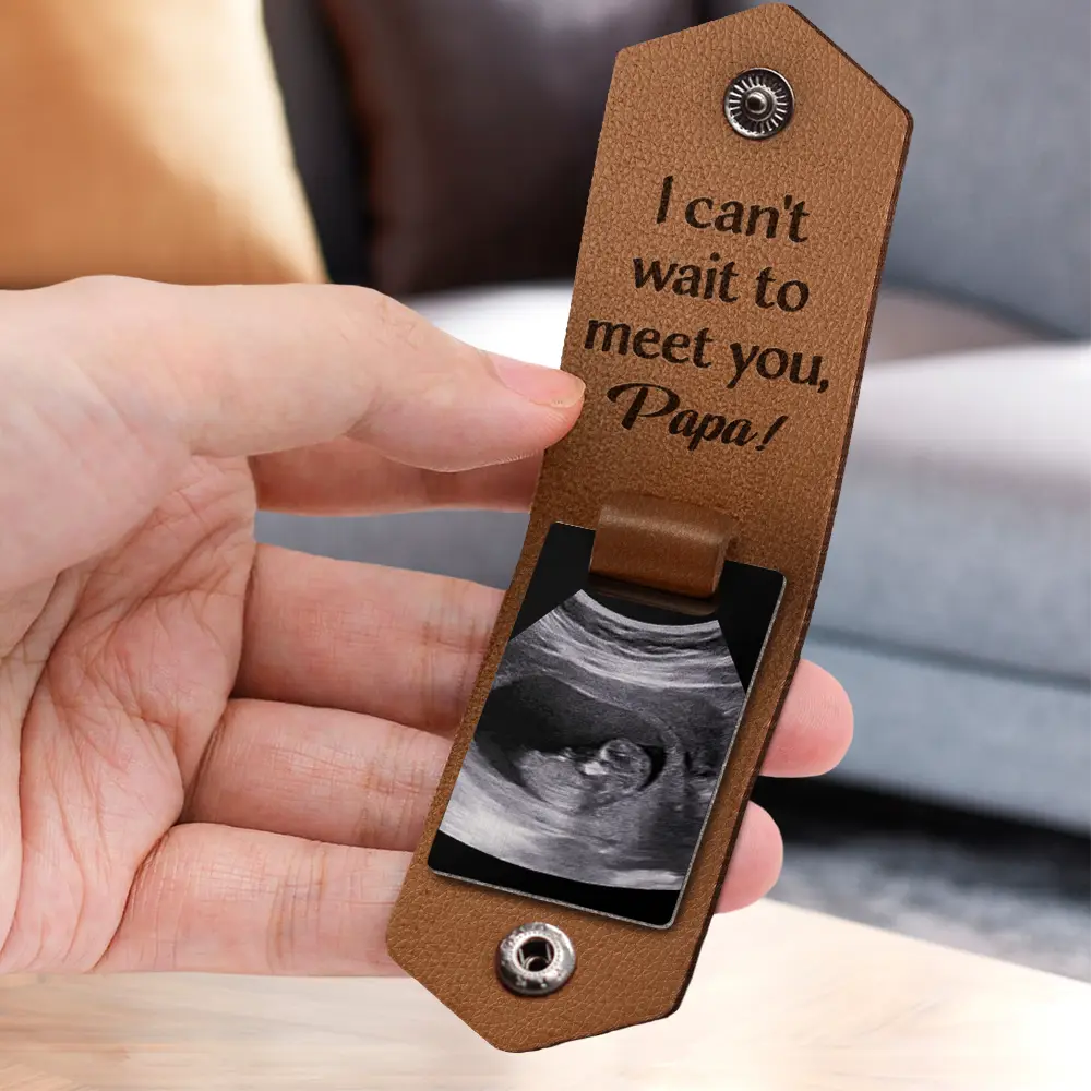Custom Photo Daddy I Can't Wait To Meet You - Personalized Leather Photo Keychain - Image 3