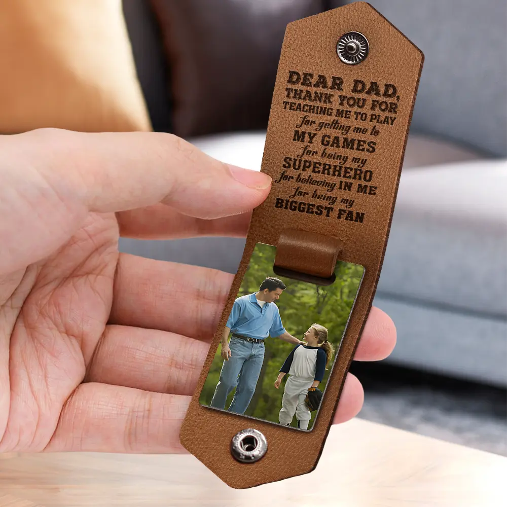 Custom Photo Dear Dad Thank You For Teaching Me - Birthday, Loving Gift For Baseball, Softball Father - Personalized Leather Photo Keychain - Image 3