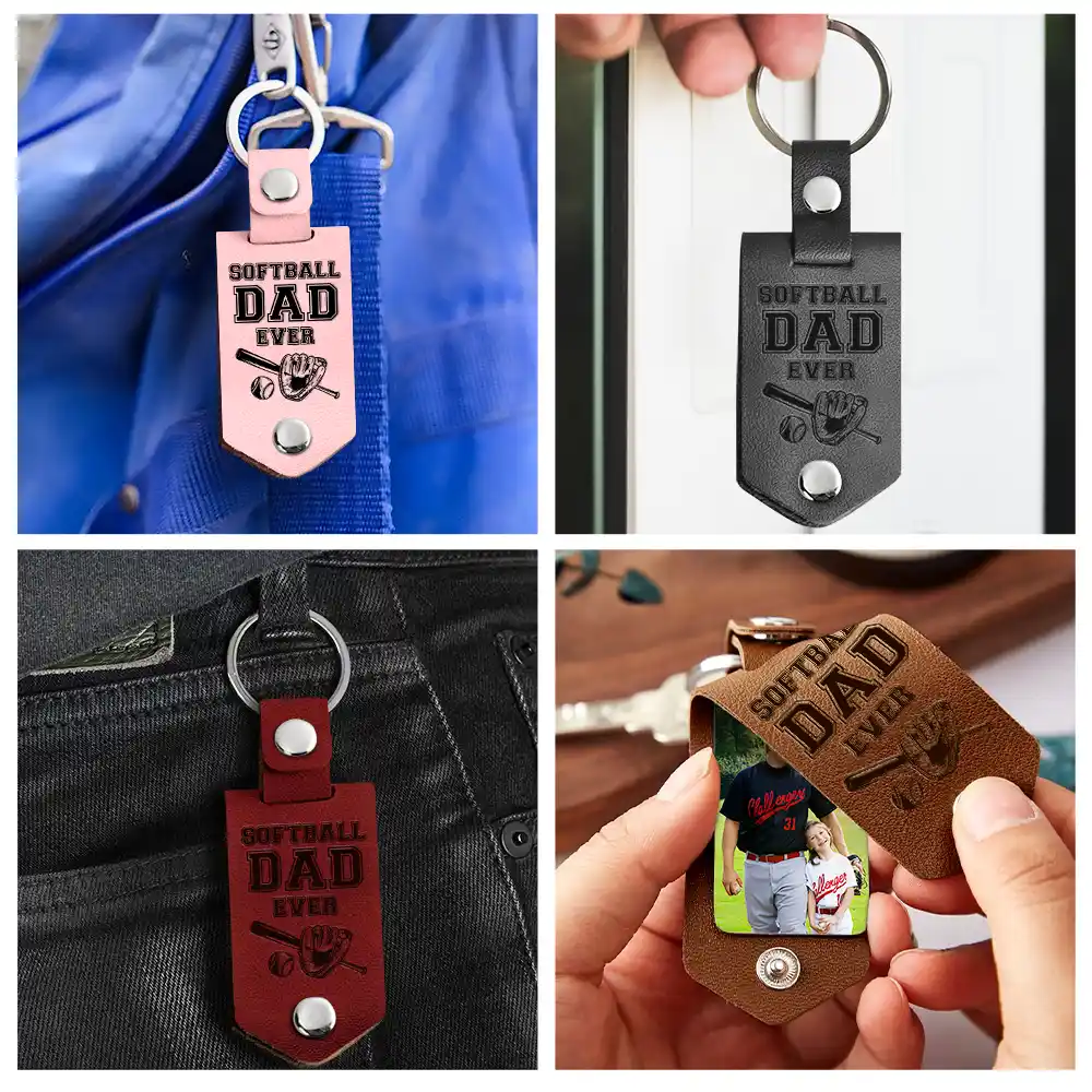 Custom Photo Dear Dad Thank You For Teaching Me - Birthday, Loving Gift For Baseball, Softball Father - Personalized Leather Photo Keychain - Image 5