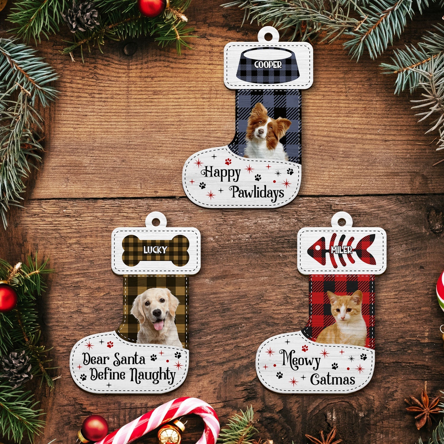 Custom Photo Dear Santa Define Naughty Flannel Background - Christmas Gift For Pet Lovers - Personalized Custom Shaped Wooden Ornament - Image 6