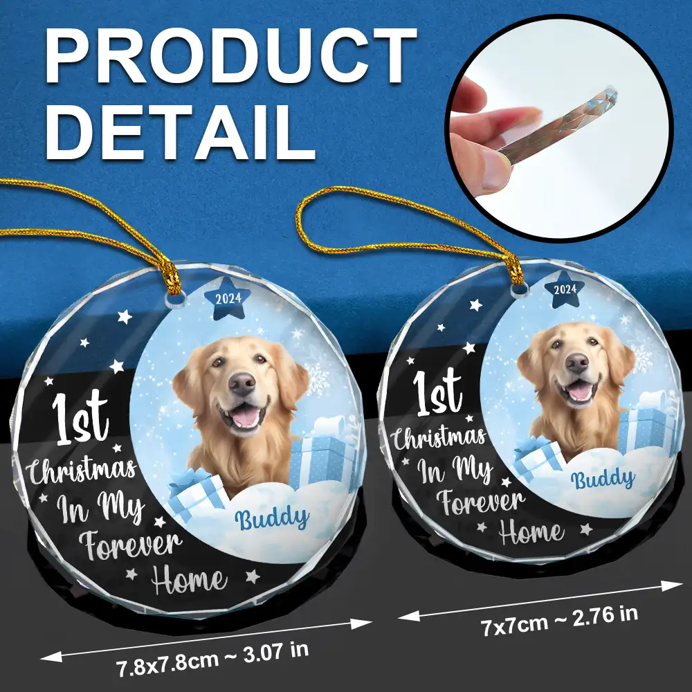 Custom Photo Dog Cat 1st Christmas In My Forever Home - Personalized Circle Glass Ornament - Image 6